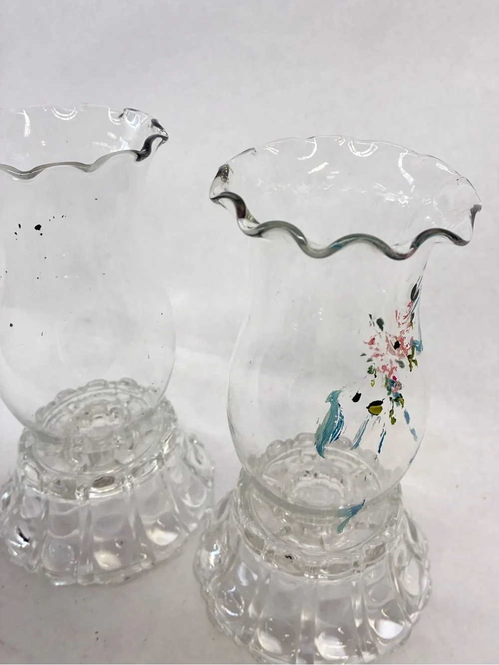 Vintage Indiana Glass Painted Hurricane Shades w/ Candle Holder Bases Lot of 2